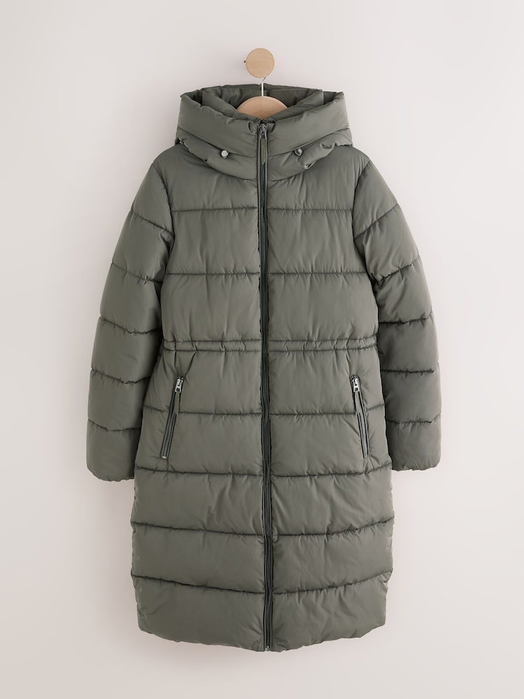 Khaki Green Shower Resistant Hooded Long Wadded Coat - Image 1 of 4