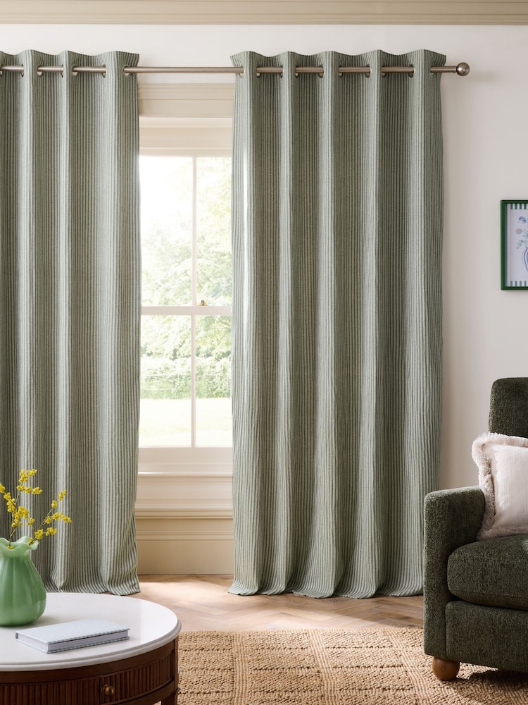 Green Brushed Stripe Super Thermal Eyelet Curtains - Image 2 of 6