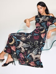 Black Celestial Print Off Shoulder Mesh Midi Dress - Image 1 of 4