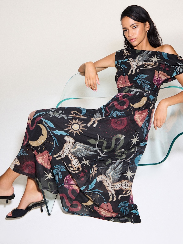 Black Celestial Print Off Shoulder Mesh Midi Dress - Image 1 of 4
