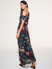 Black Celestial Print Off Shoulder Mesh Midi Dress - Image 3 of 4