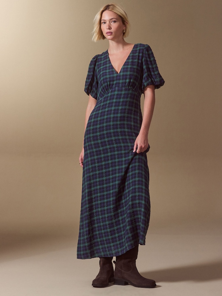 Green/Navy Check Puff Sleeve V-Neck Midi Dress - Image 1 of 7 Green/Navy Check Puff Sleeve V-Neck Midi Dress - Image 1 of 7