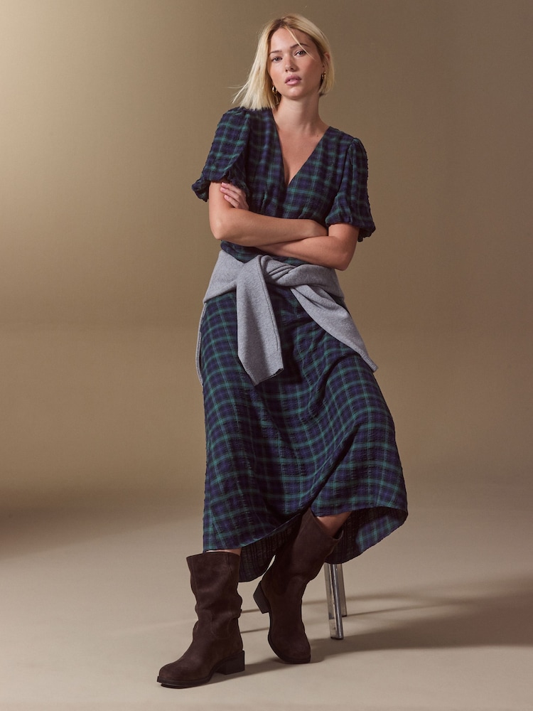 Green/Navy Check Puff Sleeve V-Neck Midi Dress - Image 2 of 7 Green/Navy Check Puff Sleeve V-Neck Midi Dress - Image 2 of 7
