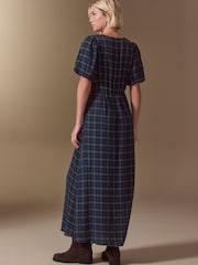 Green/Navy Check Puff Sleeve V-Neck Midi Dress - Image 3 of 7