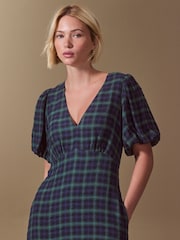 Green/Navy Check Puff Sleeve V-Neck Midi Dress - Image 4 of 7