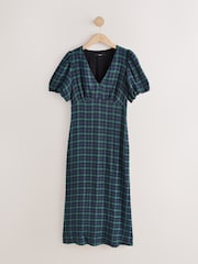 Green/Navy Check Puff Sleeve V-Neck Midi Dress - Image 5 of 7