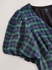 Green/Navy Check Puff Sleeve V-Neck Midi Dress - Image 7 of 7