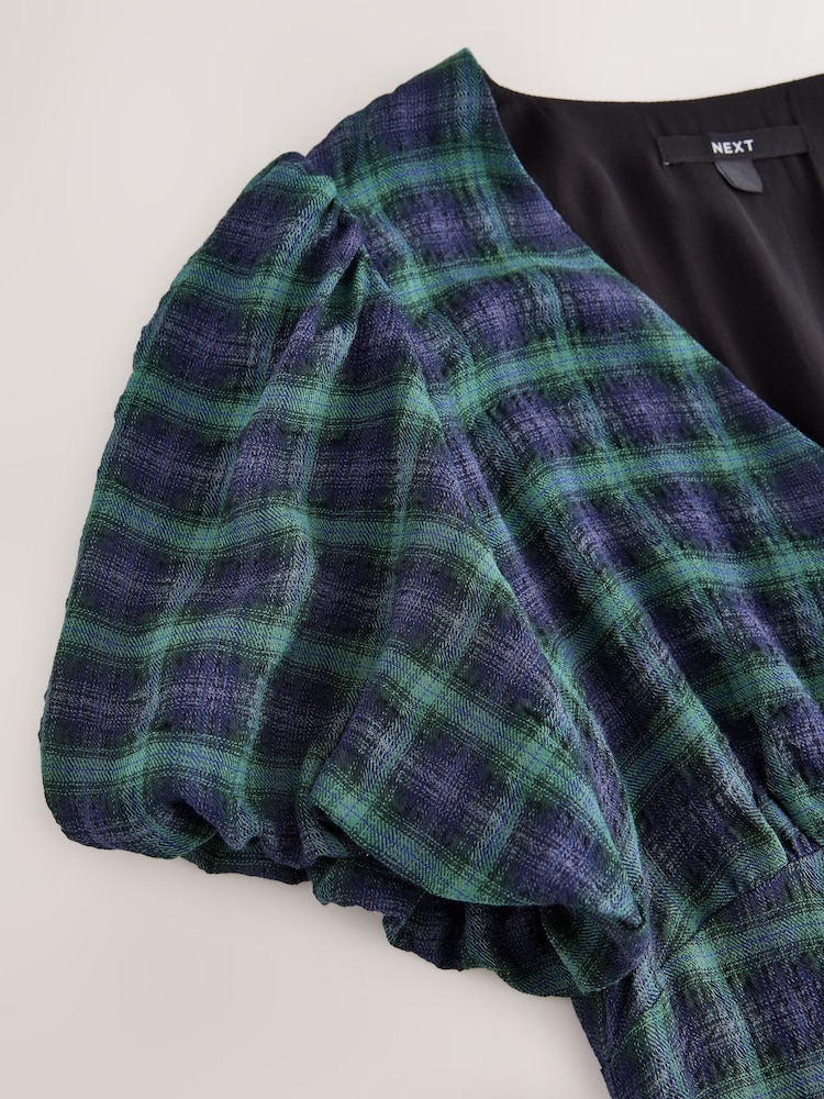 Green/Navy Check Puff Sleeve V-Neck Midi Dress - Image 7 of 7 Green/Navy Check Puff Sleeve V-Neck Midi Dress - Image 7 of 7