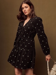 Chocolate Brown/Gold Spot Long Sleeve V-Neck Tie Cord Mini Dress - Image 1 of 7