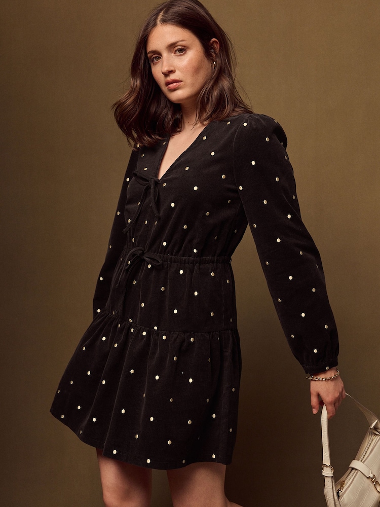 Chocolate Brown/Gold Spot Long Sleeve V-Neck Tie Cord Mini Dress - Image 1 of 7 Chocolate Brown/Gold Spot Long Sleeve V-Neck Tie Cord Mini Dress - Image 1 of 7