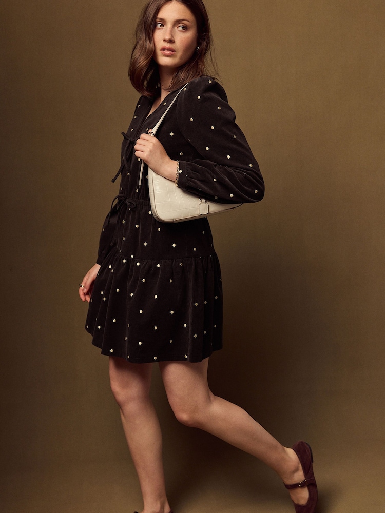 Chocolate Brown/Gold Spot Long Sleeve V-Neck Tie Cord Mini Dress - Image 2 of 7 Chocolate Brown/Gold Spot Long Sleeve V-Neck Tie Cord Mini Dress - Image 2 of 7