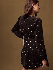 Chocolate Brown/Gold Spot Long Sleeve V-Neck Tie Cord Mini Dress - Image 3 of 7