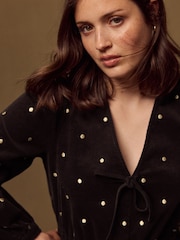 Chocolate Brown/Gold Spot Long Sleeve V-Neck Tie Cord Mini Dress - Image 4 of 7