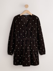 Chocolate Brown/Gold Spot Long Sleeve V-Neck Tie Cord Mini Dress - Image 5 of 7