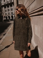 Khaki Green Paisley Long Sleeve Cord Overhead Mini Dress - Image 1 of 6