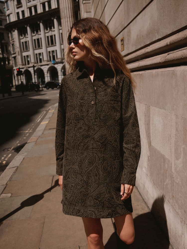 Khaki Green Paisley Long Sleeve Cord Overhead Mini Dress - Image 1 of 6 Khaki Green Paisley Long Sleeve Cord Overhead Mini Dress - Image 1 of 6