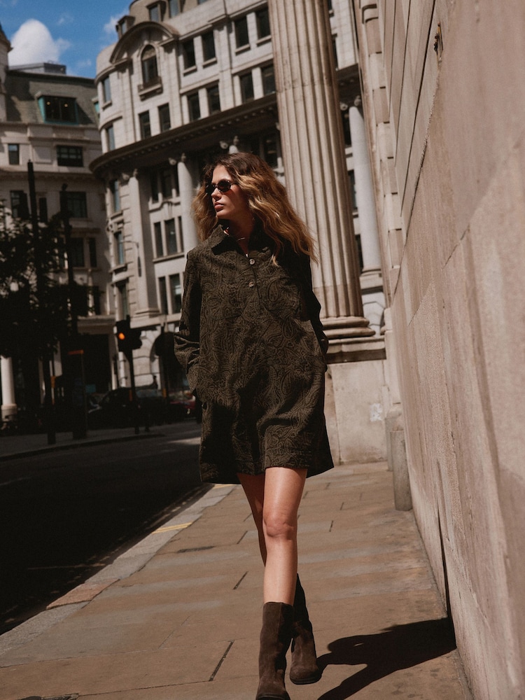 Khaki Green Paisley Long Sleeve Cord Overhead Mini Dress - Image 2 of 6 Khaki Green Paisley Long Sleeve Cord Overhead Mini Dress - Image 2 of 6
