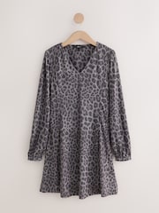 Grey Animal Long Sleeve V-Neck Mini Dress - Image 1 of 3