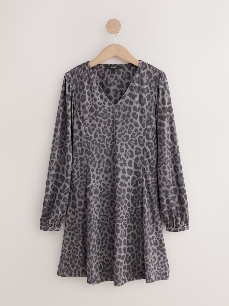 Grey Animal Long Sleeve V-Neck Mini Dress - Image 1 of 3 Grey Animal Long Sleeve V-Neck Mini Dress - Image 1 of 3