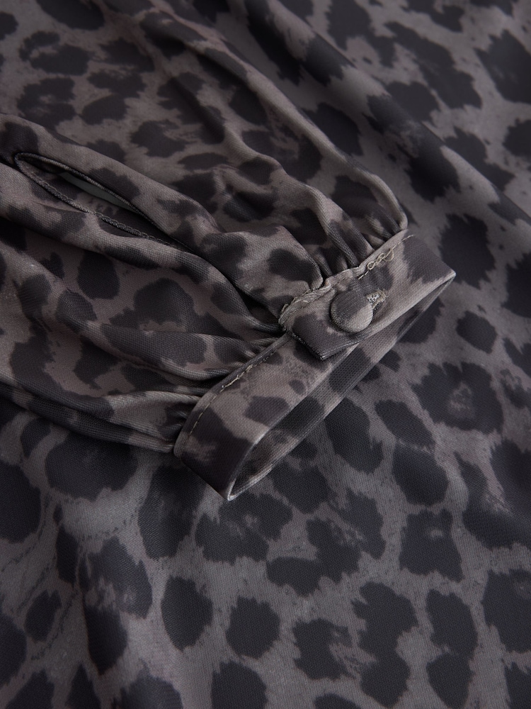 Grey Animal Long Sleeve V-Neck Mini Dress - Image 2 of 3 Grey Animal Long Sleeve V-Neck Mini Dress - Image 2 of 3