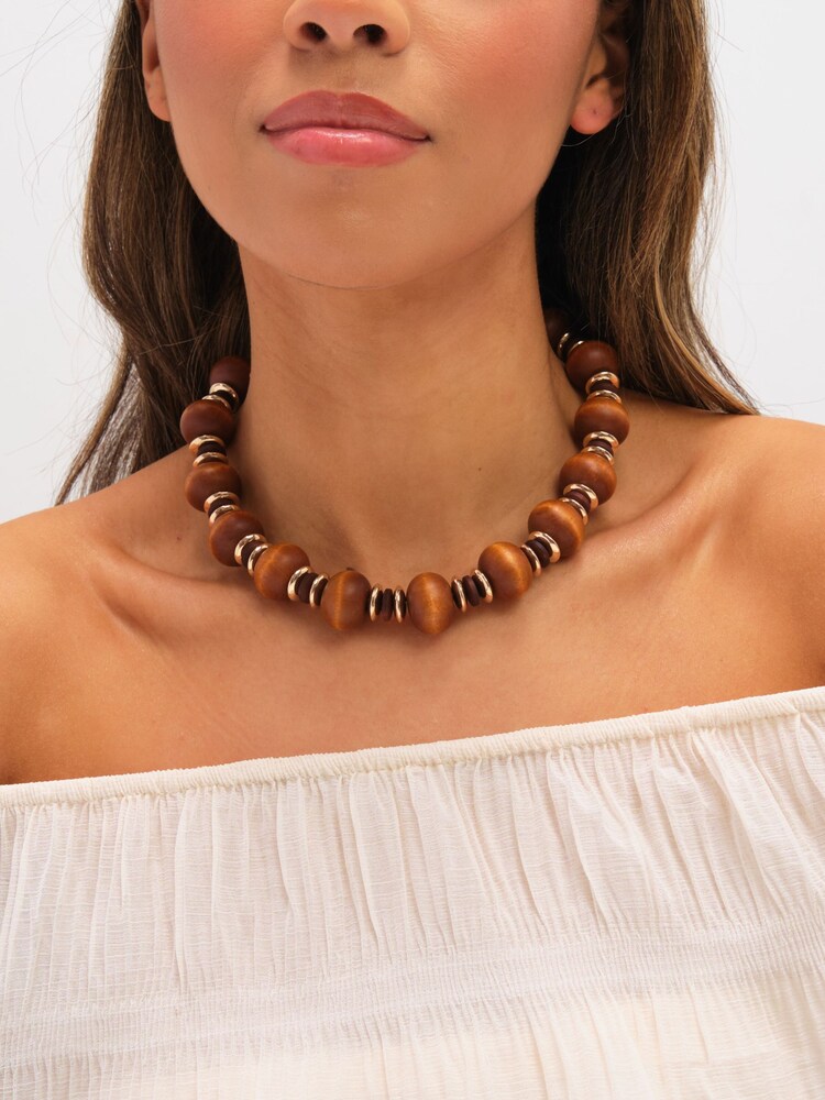 Mood Gold Tone Wood Orb Necklace - Image 2 of 3 Mood Gold Tone Wood Orb Necklace - Image 2 of 3