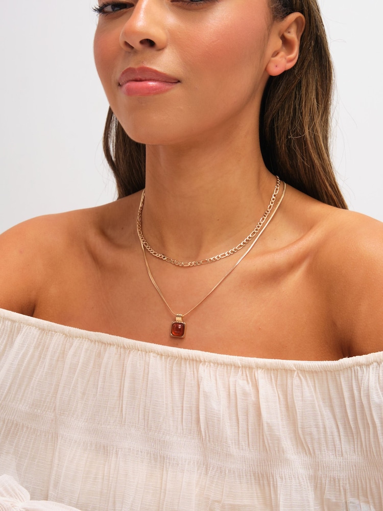 Mood Gold Tone Double Layer Chain and Resin Necklace - Image 2 of 3 Mood Gold Tone Double Layer Chain and Resin Necklace - Image 2 of 3