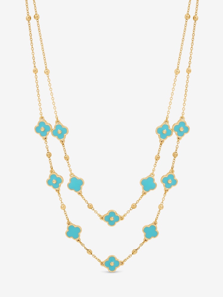 Mood Turquoise Blue Gold Tone Clover Multi Row Necklace - Image 1 of 1 Mood Turquoise Blue Gold Tone Clover Multi Row Necklace - Image 1 of 1