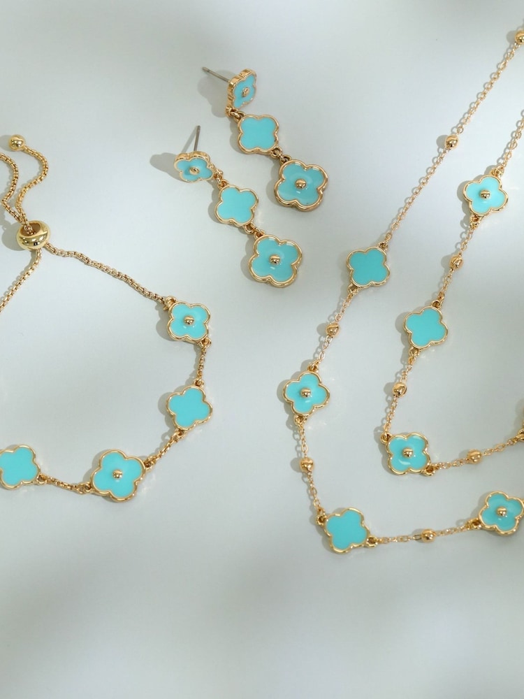 Mood Turquoise Blue Gold Tone Clover Multi Row Necklace - Image 2 of 2 Mood Turquoise Blue Gold Tone Clover Multi Row Necklace - Image 2 of 2