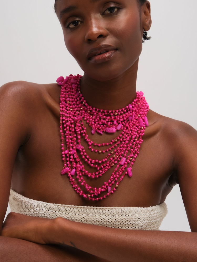 Mood Pink Tone Beaded Statement Multirow Necklace - Image 2 of 3
