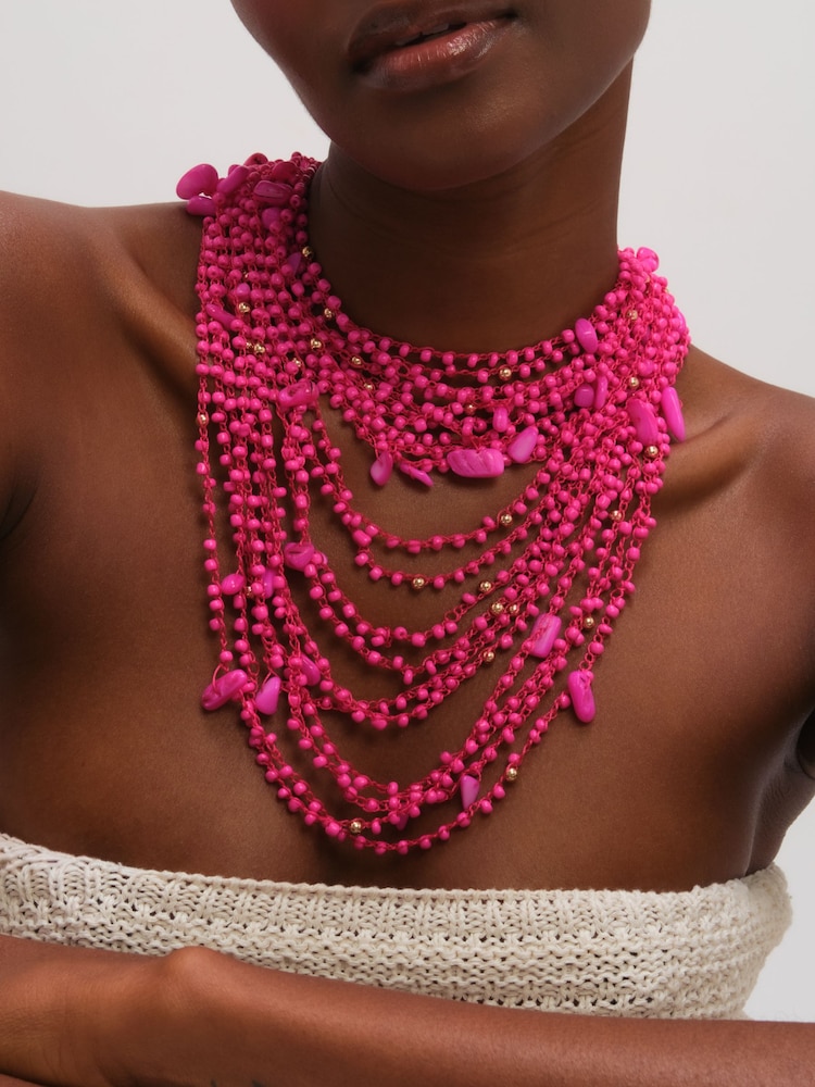 Mood Pink Tone Beaded Statement Multirow Necklace - Image 3 of 3