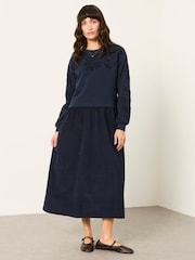 FatFace Pacey Navy Blue Petite Cord Contrast Midi Dress - Image 1 of 5