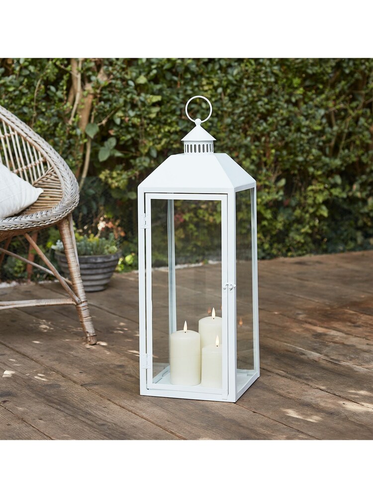 Lights4fun Perth Large White Garden Lantern with 3 TruGlow Candles - Image 1 of 4