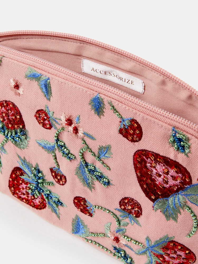 Accessorize Pink Embellished Strawberry Make Up Bag - Image 2 of 2 Accessorize Pink Embellished Strawberry Make Up Bag - Image 2 of 2