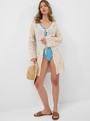 Accessorize Cream Crochet Tie Front Kaftan - Image 1 of 4