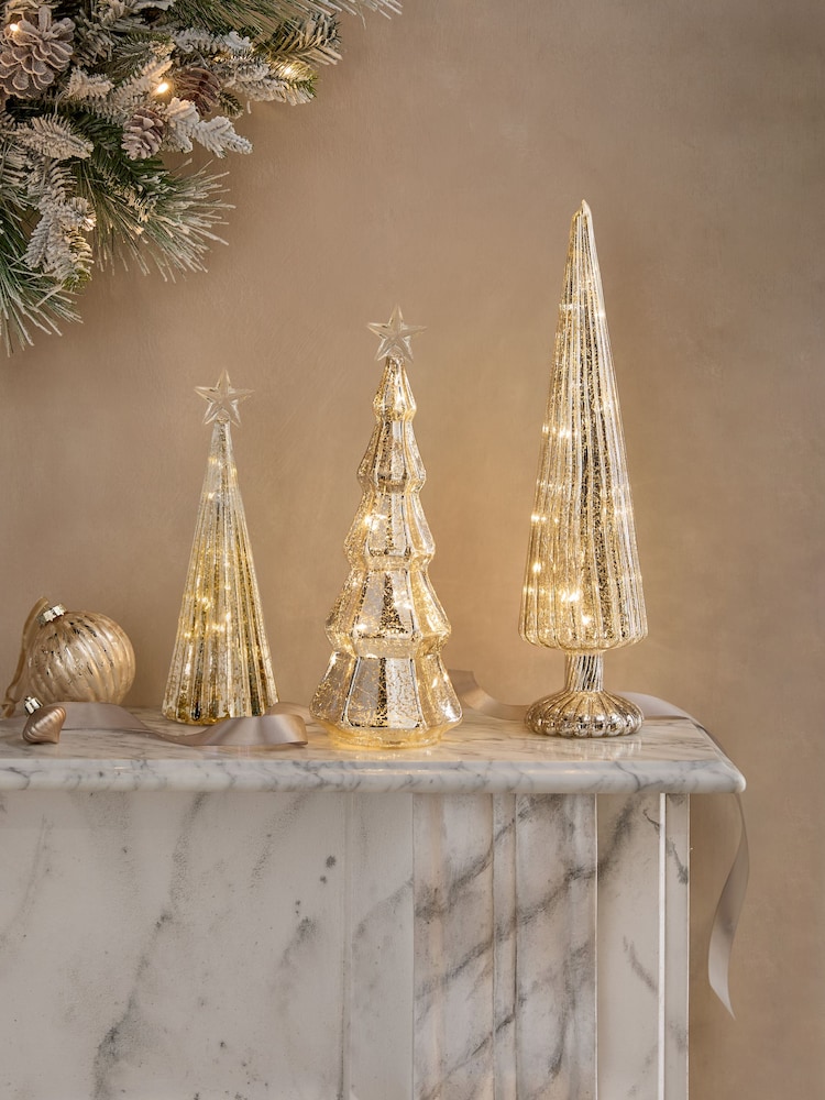 Set of 3 Gold Lit Glass Trees - Image 1 of 4 Set of 3 Gold Lit Glass Trees - Image 1 of 4