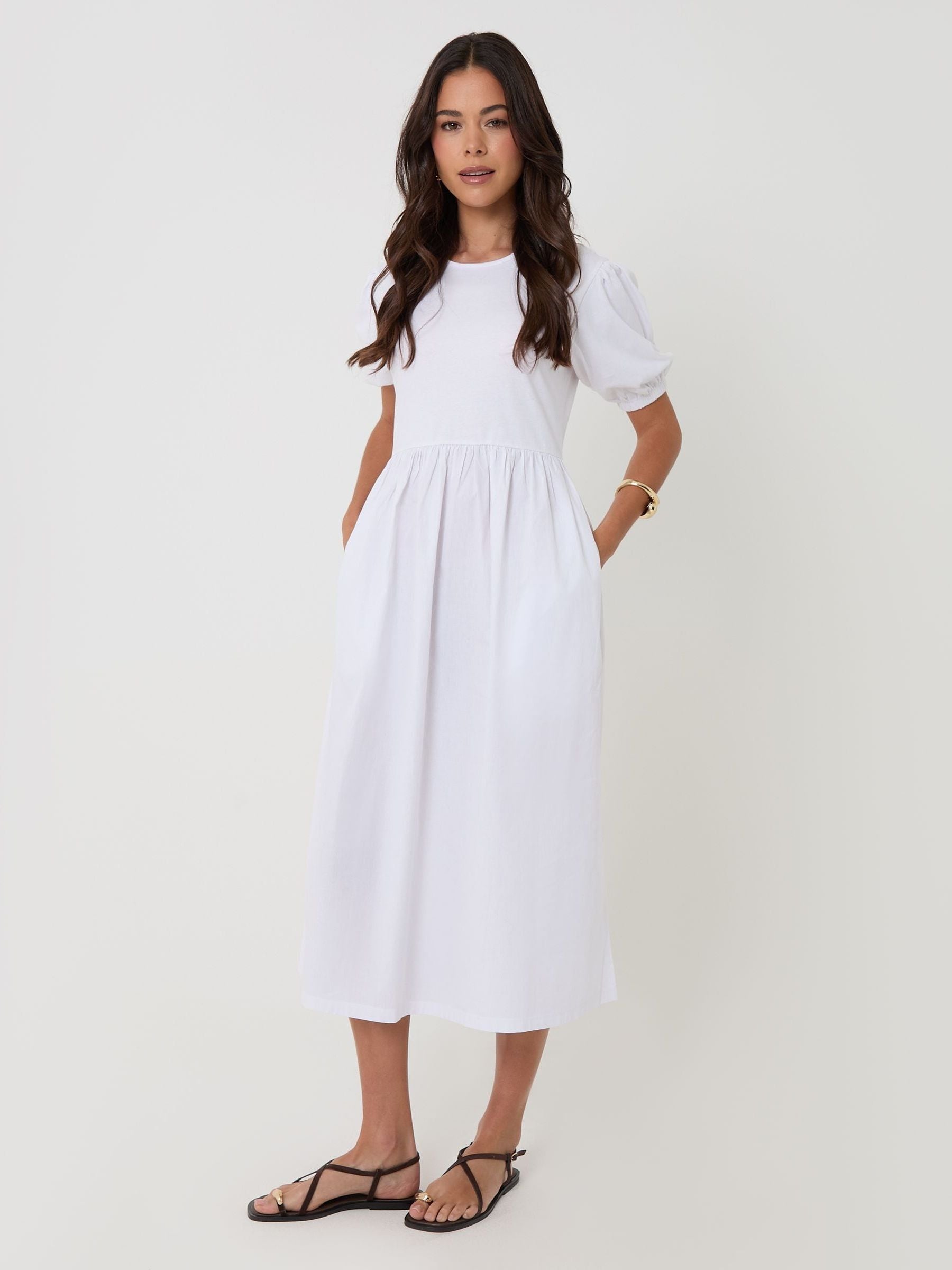 Buy Threadbare White Puff Sleeve Jersey Poplin Mix Maxi Dress from
