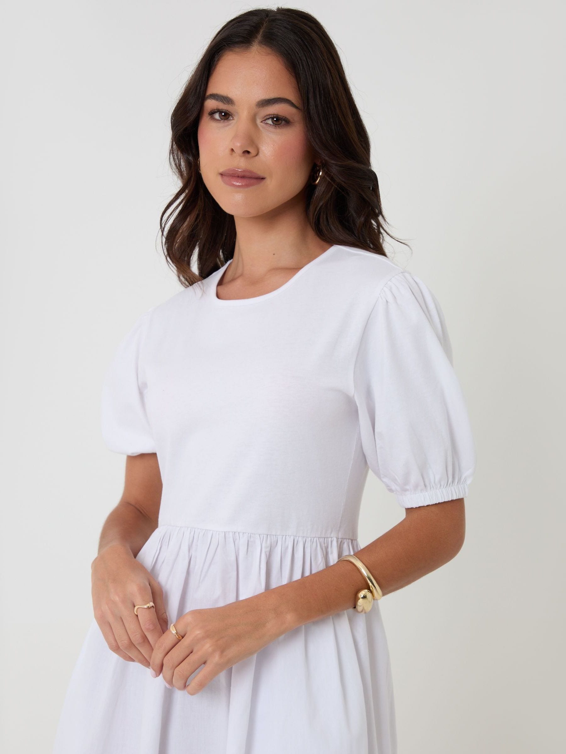 Buy Threadbare White Puff Sleeve Jersey Poplin Mix Maxi Dress from
