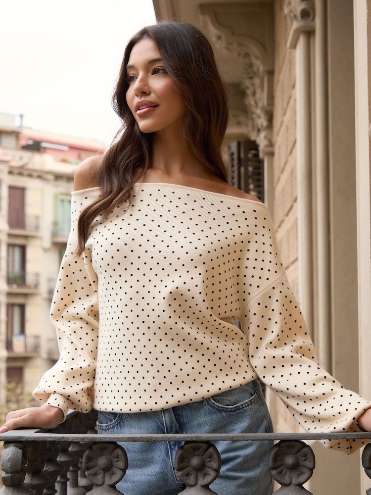 Threadbare Cream Polka Dot Soft Slash Neck Jumper - Image 1 of 4