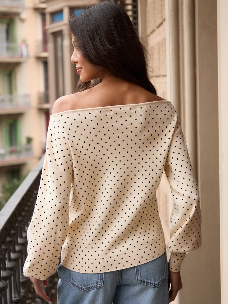 Threadbare Cream Polka Dot Soft Slash Neck Jumper - Image 2 of 4