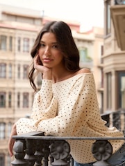 Threadbare Cream Polka Dot Soft Slash Neck Jumper - Image 3 of 4