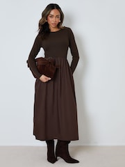 Threadbare Brown Rib Jersey 2-In-1 Midi Dress with Poplin Skirt - Image 1 of 5