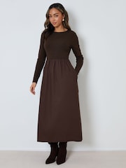 Threadbare Brown Rib Jersey 2-In-1 Midi Dress with Poplin Skirt - Image 3 of 5