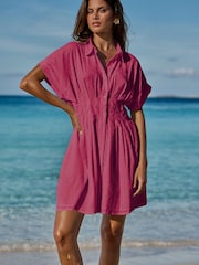Lipsy Pink Short Sleeve Broderie Mini Shirt Dress - Image 1 of 4