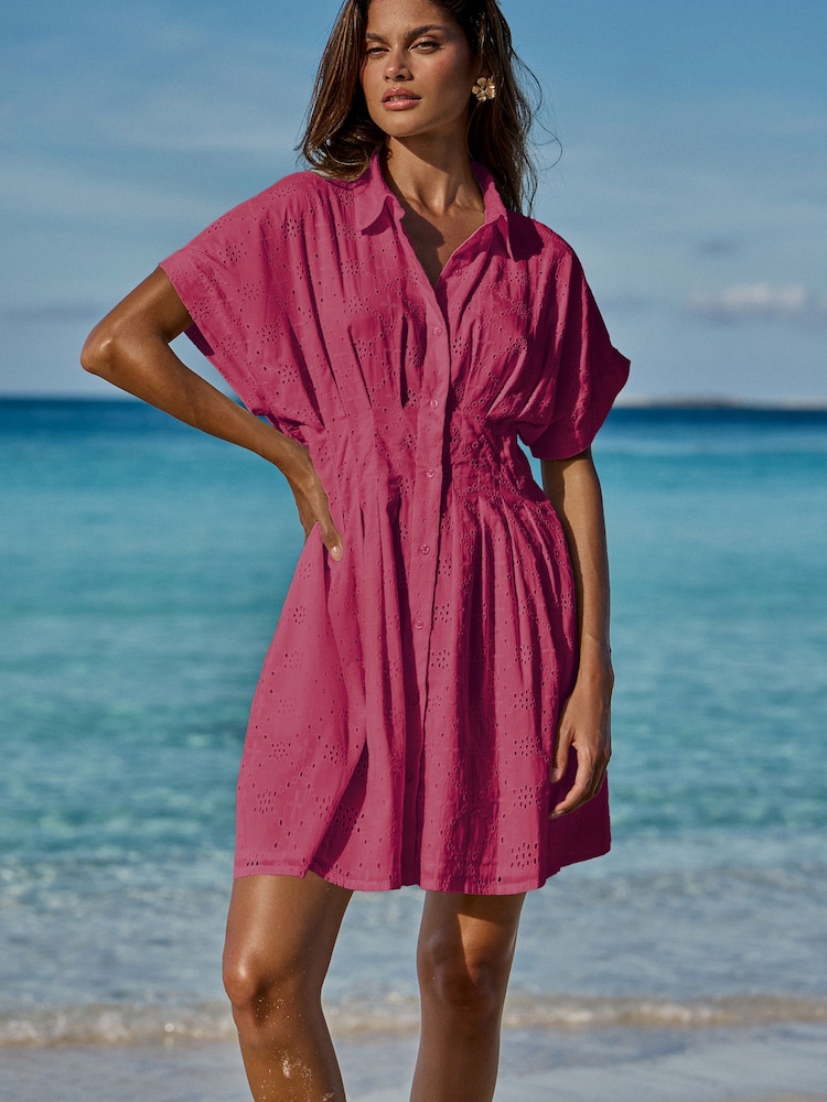 Lipsy Pink Short Sleeve Broderie Mini Shirt Dress - Image 1 of 4