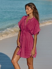 Lipsy Pink Short Sleeve Broderie Mini Shirt Dress - Image 3 of 4