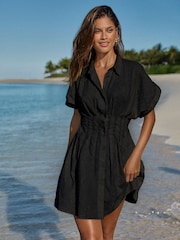 Lipsy Black Short Sleeve Broderie Mini Shirt Dress - Image 1 of 4