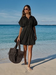 Lipsy Black Short Sleeve Broderie Mini Shirt Dress - Image 3 of 4