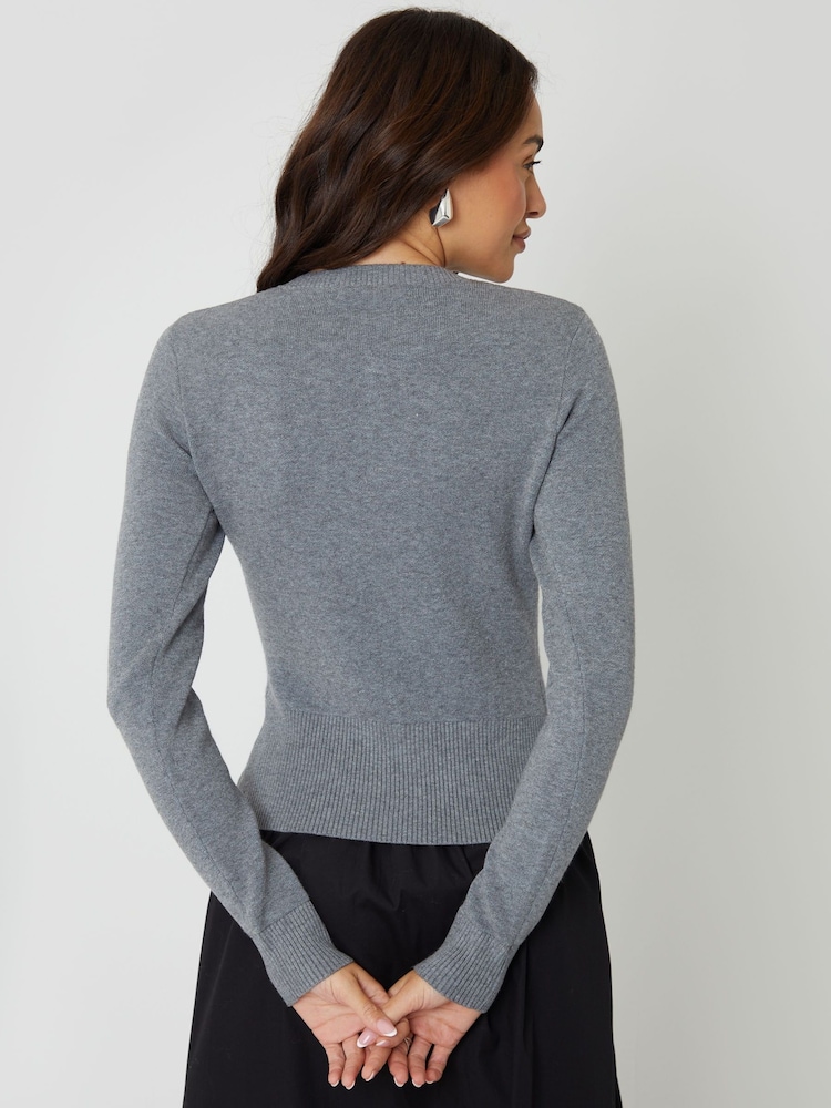 رمادي - سترة كارديغان منسوجة بياقة بحافة مستديرة من Threadbare - صورة 4 من 4