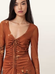 AllSaints Brown Gabby Long Sleeve Mesh Dress - Image 5 of 6