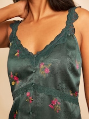 Love & Roses x RHS Teal Blue Petite Floral Printed Satin Jacquard Lace Trim Cami - Image 2 of 4
